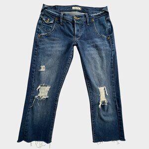 Vintage Levis Cropped Jeans Womens Size 5M Button Fly Blue Distressed Low Rise